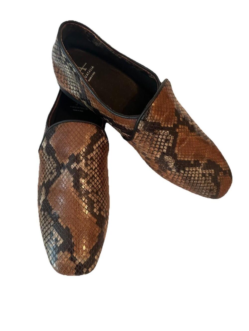 AQUATALIA REVY WATERPROOF SLIP-ON LEATHER SNAKE SKIN LOAFERS SIZE 10 BROWN Women